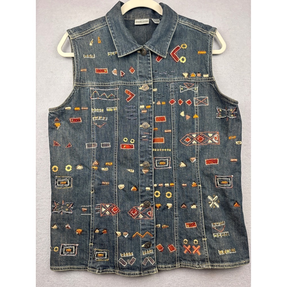 Chicos Denim Vest Womens L Embroidered Beaded Sequin Western Boho Statement